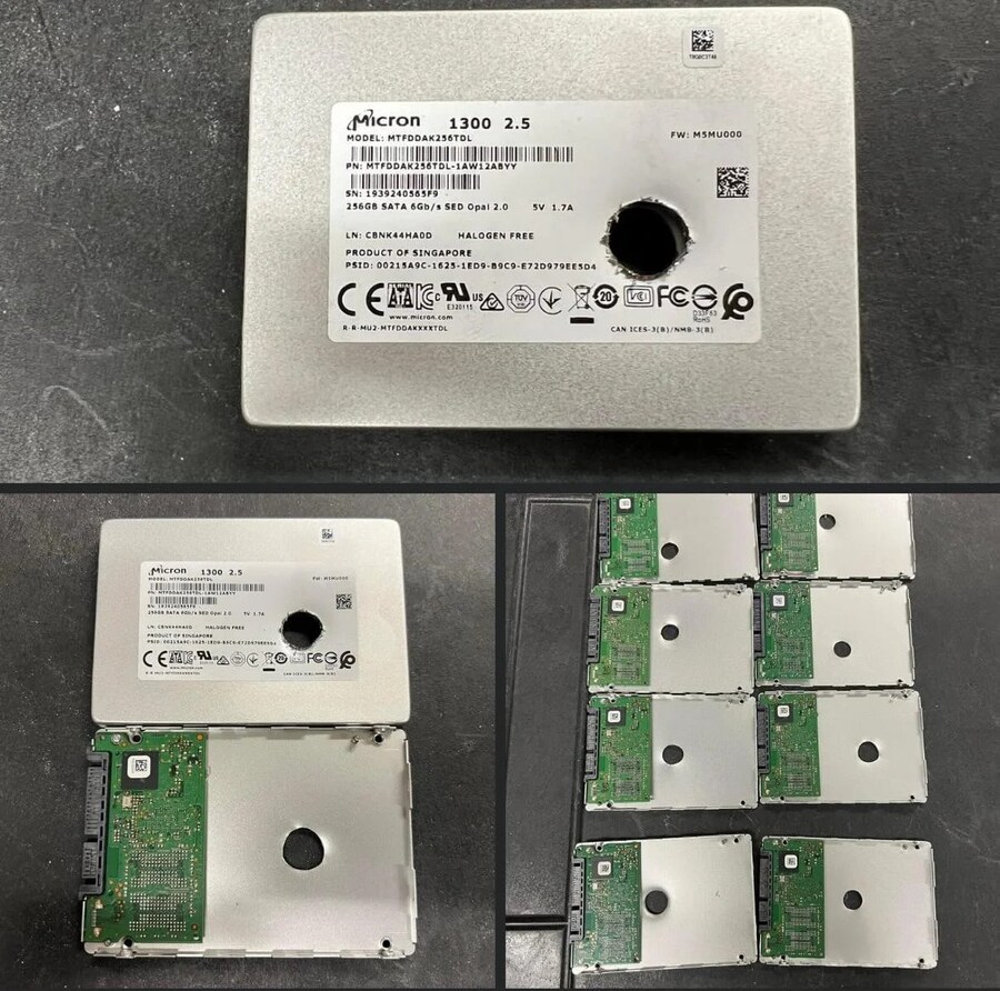 자료 유출을 방지하기 위해 구멍을 뚫고 폐기된 기업용 SSD